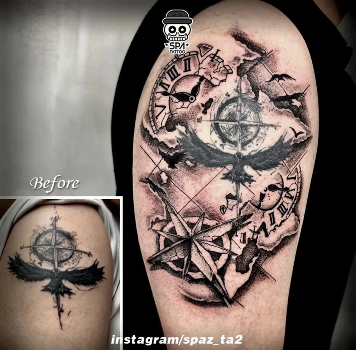 커버업 나침반 지도 타투