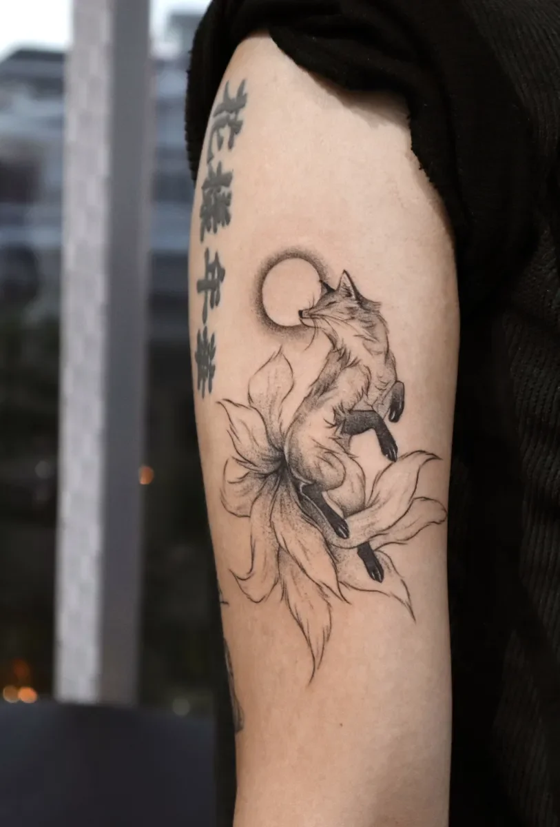 감성적인 구미호🖤 여우, 귀여운, 예쁜, 달, 우주, 나뭇잎, 잎사귀, 동물, 추천✨ 늑대 일러스트