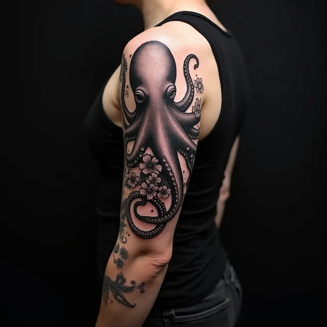 detailed black and grey octopus tattoo covering entire arm, 1 large eye dominating head, 5 tentacles coiling from bottom-left to upper-right, 12 individual overlapping tentacle rings, 3 small flowers at wrist, bold continuous outlines with 2mm thickness, stipple dotwork fill in background, smooth gradient shading on body, realistic fur strands on underbelly, dark grey wash at 30% opacity on tentacles, centered symmetrical layout, black tank top, dark background