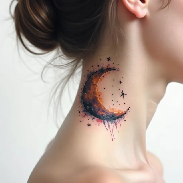 A photorealistic tattoo on female side of neck, bold visible placement,
featuring a watercolor tattoo style, soft flowing color washes, paint splash effects, no harsh outlines, dreamy artistic aesthetic, vibrant color splashes tattoo design.
The main subject is crescent or full moon, mystical night atmosphere, stars surrounding,
rendered with extreme detail, precision, and artistic mastery.
Color palette: black and grey with selective color accent only on the focal point.
Overall mood and atmo