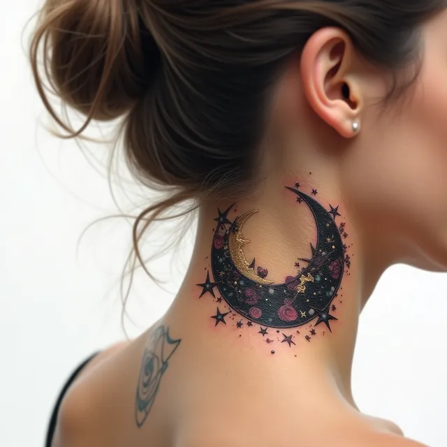 A photorealistic tattoo on female side of neck, bold visible placement,
featuring a watercolor tattoo style, soft flowing color washes, paint splash effects, no harsh outlines, dreamy artistic aesthetic, vibrant color splashes tattoo design.
The main subject is crescent or full moon, mystical night atmosphere, stars surrounding,
rendered with extreme detail, precision, and artistic mastery.
Color palette: gold and black luxury color scheme, metallic gold accents.
Overall mood and atmosphere: p