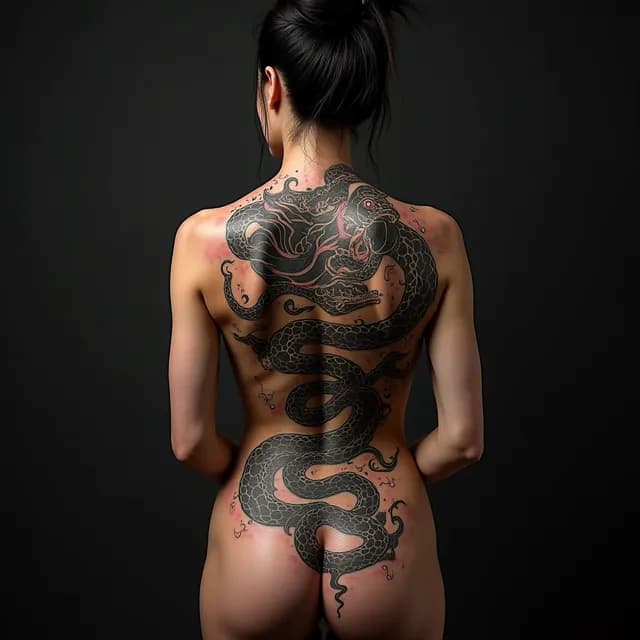 A photorealistic tattoo on female entire muscular male back from shoulders to lower back, viewed from behind, filled edge to edge,
featuring a traditional Japanese Irezumi style, bold black outlines, vibrant traditional colors, Yakuza aesthetic, filled edge to edge with no empty skin, wind bars background tattoo design.
The main subject is Medusa with snake hair, piercing stone-cold gaze, Greek mythology beauty and terror,
rendered with extreme detail, precision, and artistic mastery.
Color palette: strictly black and grey only, no color whatsoever, monochrome.
Overall mood and atmosphere: spiritual, divine, sacred, transcendent quality.
The tattoo flows naturally with the body contours,
artistically covering the designated area with seamless composition.
Every element is meticulously detailed with professional-grade linework,
smooth gradients, and masterful shading technique.
photorealistic skin texture, cinematic studio lighting, dramatic shadows and highlights, ultra sharp detail, 8k resolution quality, professional tattoo photography, depth of field effect.