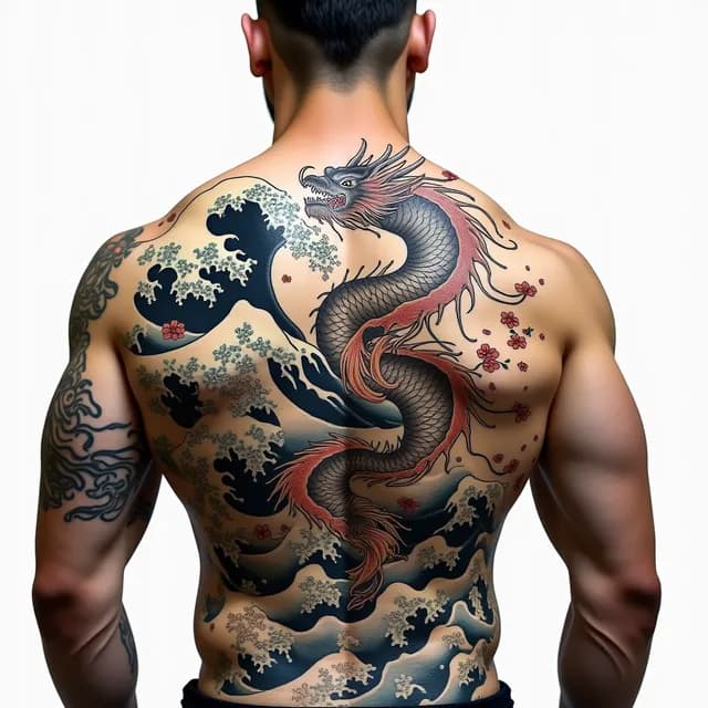A photorealistic close-up of a muscular male back
completely covered with a traditional Japanese Irezumi
full back tattoo in classic Yakuza style.
The centerpiece features a massive ascending dragon
with detailed scales, claws, and fierce expression,
coiling from the lower back up to the shoulders.
Surrounding the dragon, large koi fish swim through
crashing ocean waves rendered in bold black outlines
with deep blue and white foam highlights.
Cherry blossom petals scatter throughout the comp