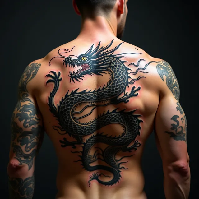 A photorealistic full back tattoo on a muscular male back,
viewed from behind, completely filled edge to edge.
The centerpiece features a magnificent East Asian dragon
with an imposing serpentine body coiling dynamically
from the lower back to the shoulders. The dragon displays
intricate overlapping scales with precise detail, sharp
curved claws, flowing whiskers, and fierce glowing eyes
that command authority and power.
Surrounding the dragon, crashing ocean waves rendered in
bold tradit