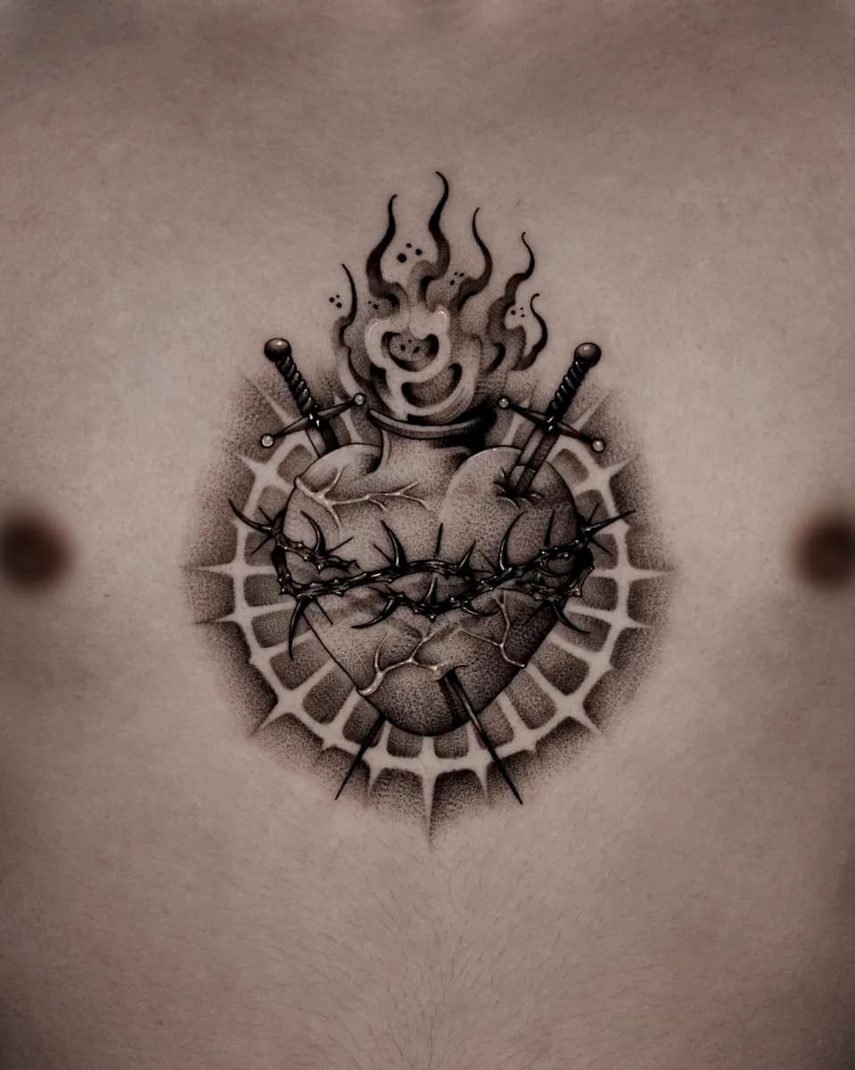 히트 칼 심장 종교 블랙워크 타투 - 1