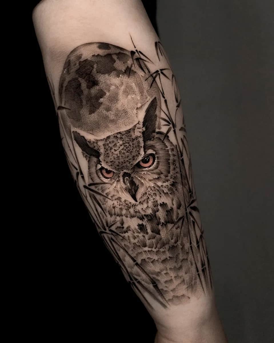 부엉이 대나무 달 블랙워크 타투