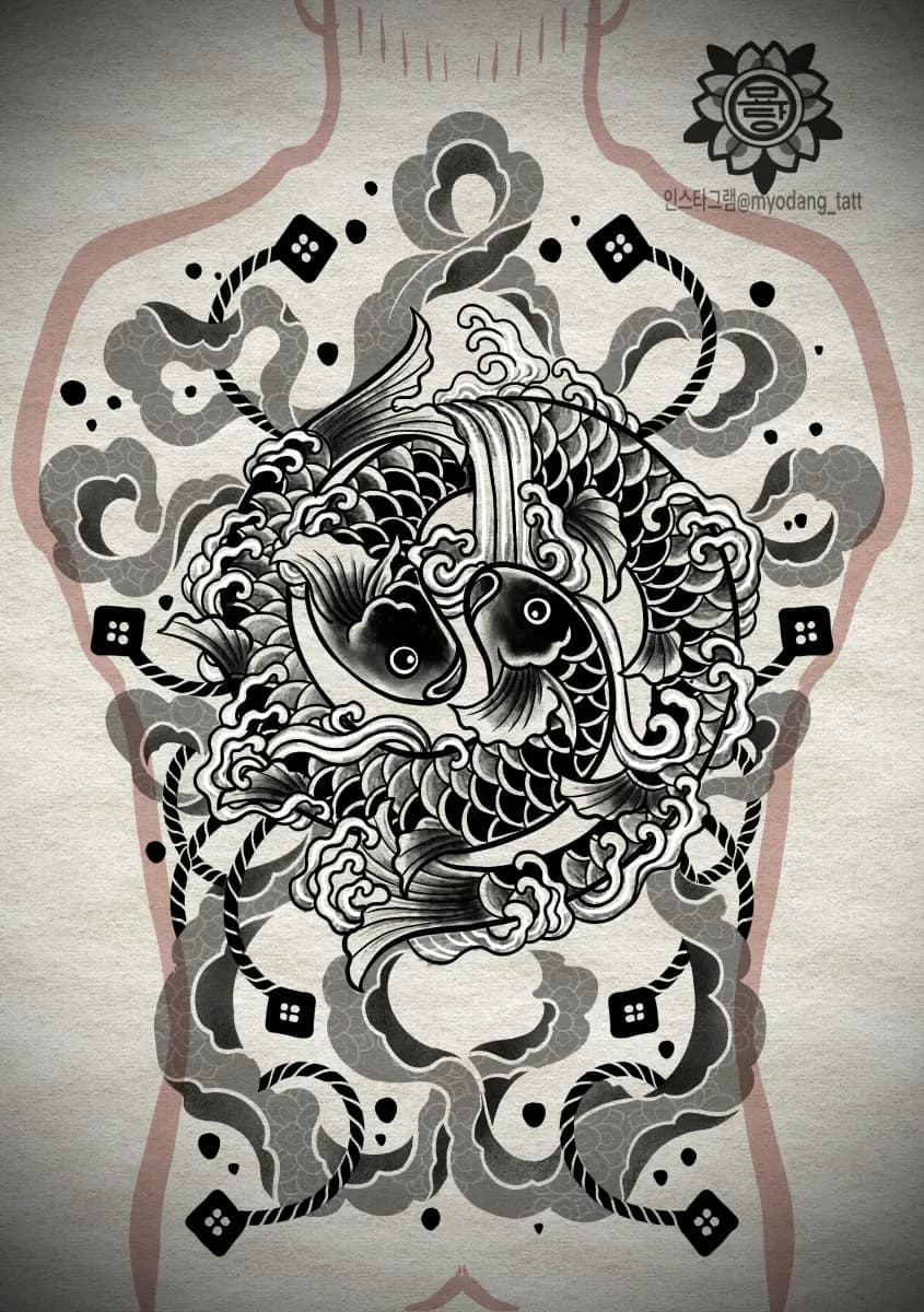 묘당타투 등 한판 잉어 - 1