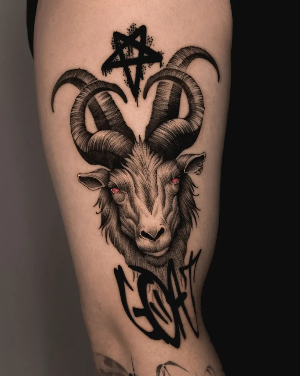 염소 악마 그래피티 동물 레터링 블랙워크 타투 - 1