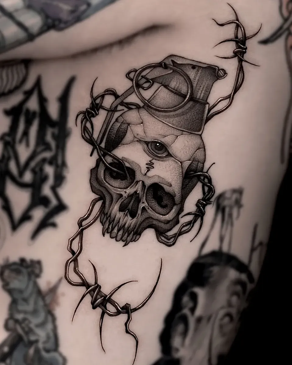 해골 수류탄 철조망 무기 블랙워크타투 - 1