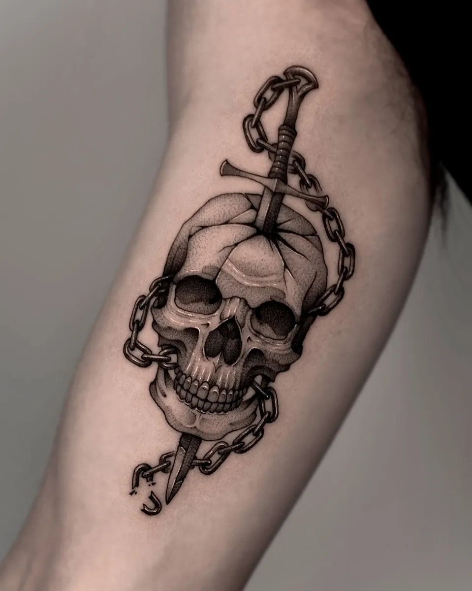 해골 칼 쇠사슬 블랙워크 타투 - 1