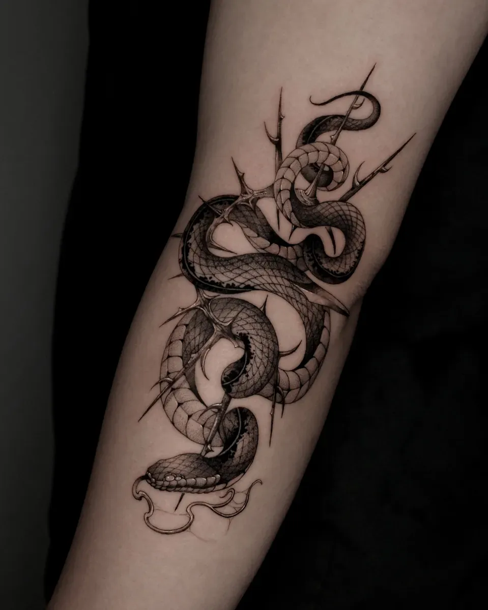 뱀 가시 흉터커버업 블랙워크 타투 - 1