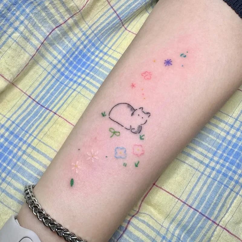 고양이 반짝이 꽃 나비 타투