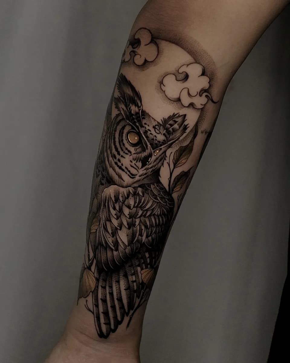 부엉이 나뭇잎 뉴스쿨 블랙워크 타투 - 1