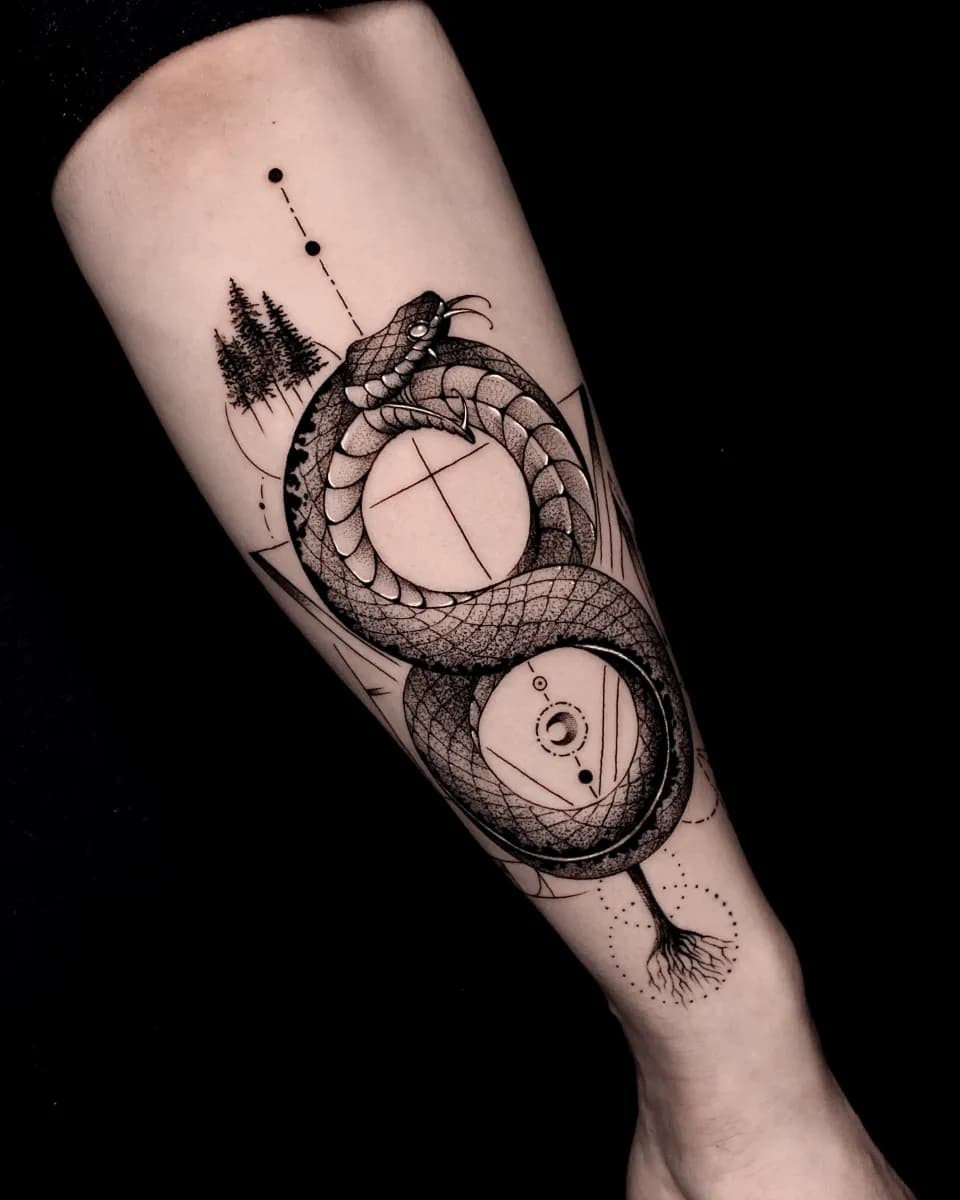 우로보로스 뱀 라인타투 기하학 블랙워크 - 1