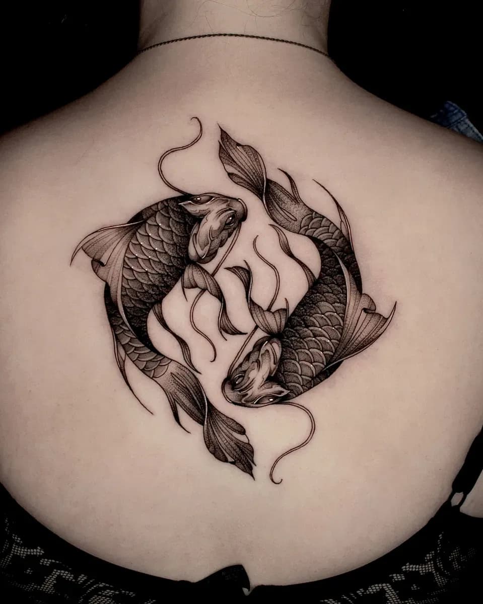 코이 잉어 대칭 등타투 블랙워크 - 1