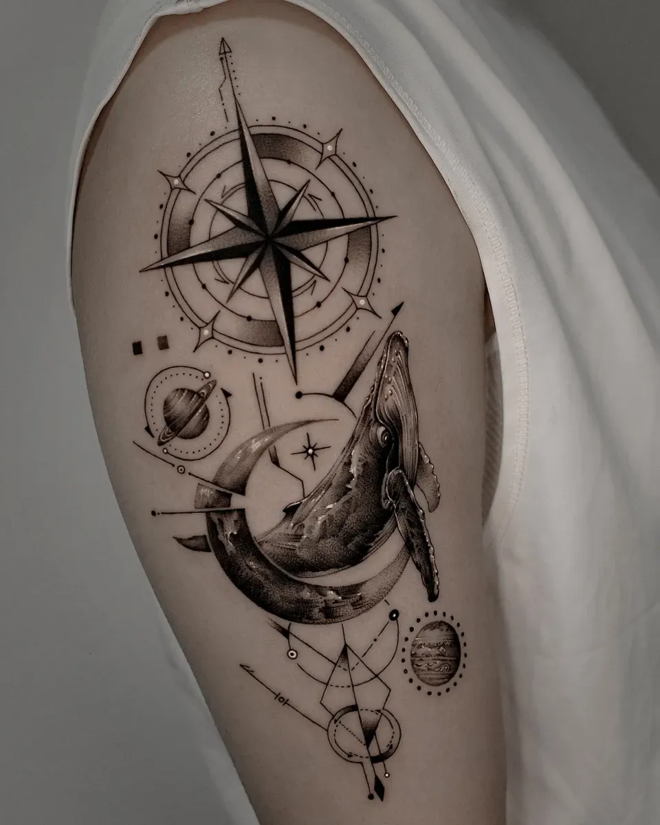 고래 우주 나침반 기하학 블랙워크 라인타투 - 1
