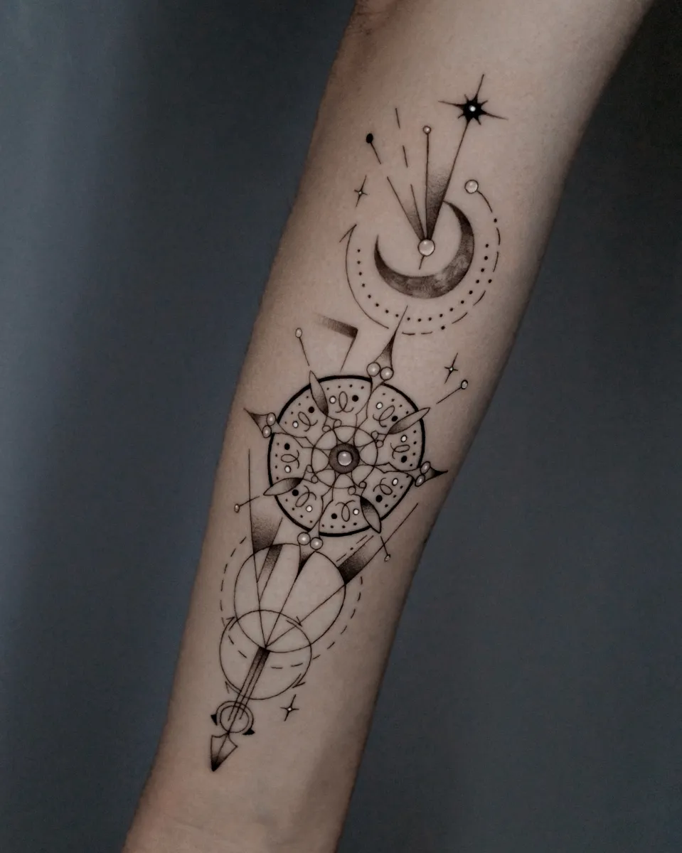 나침반 기하학 라인타투 블랙워크 - 1