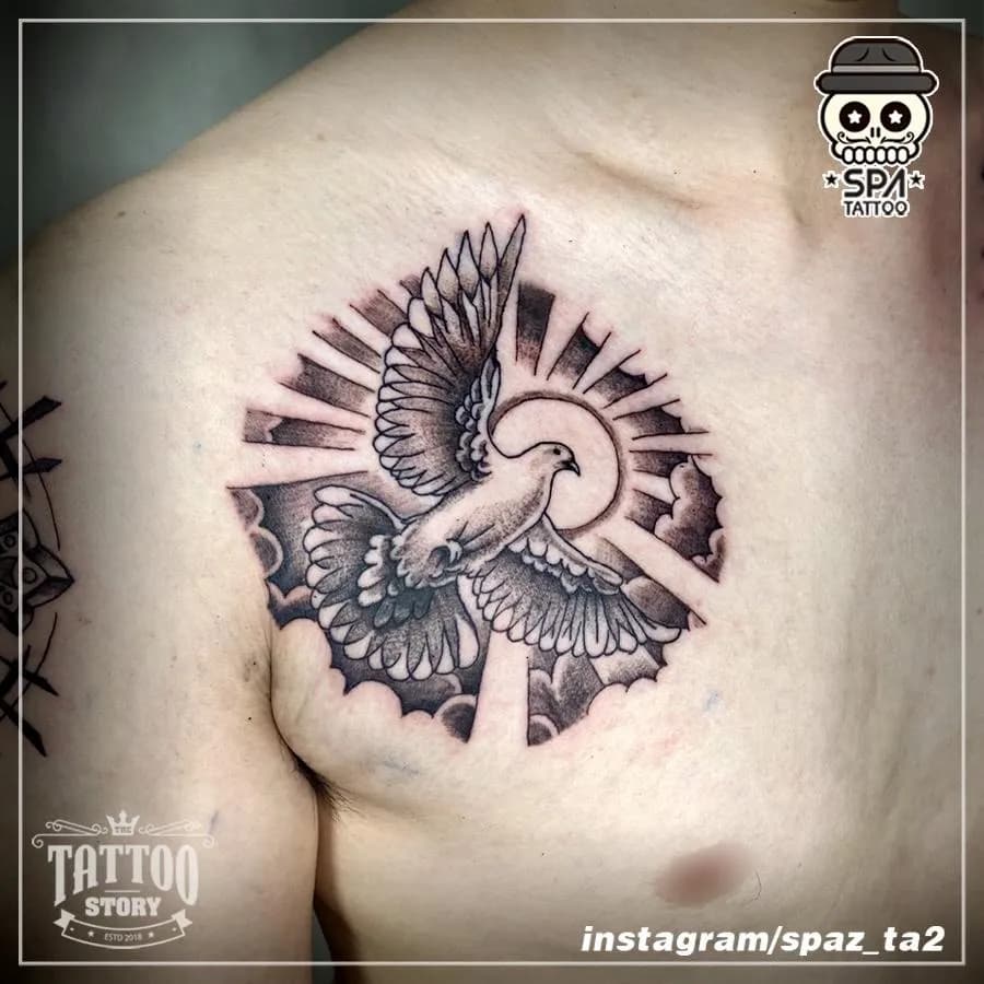 가슴 비둘기 구름 타투 - 1