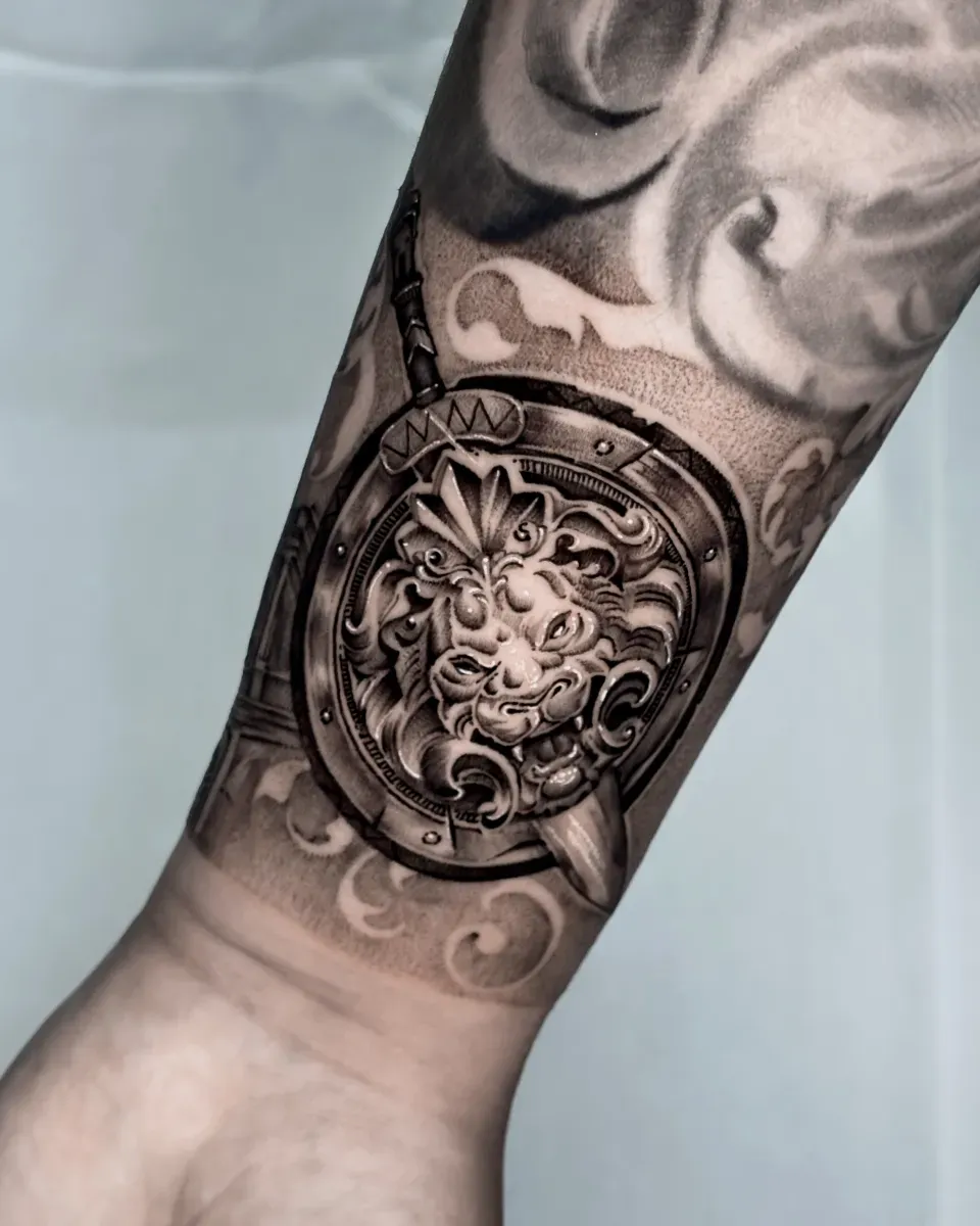 사자 방패 신화 타투 블랙워크 - 1