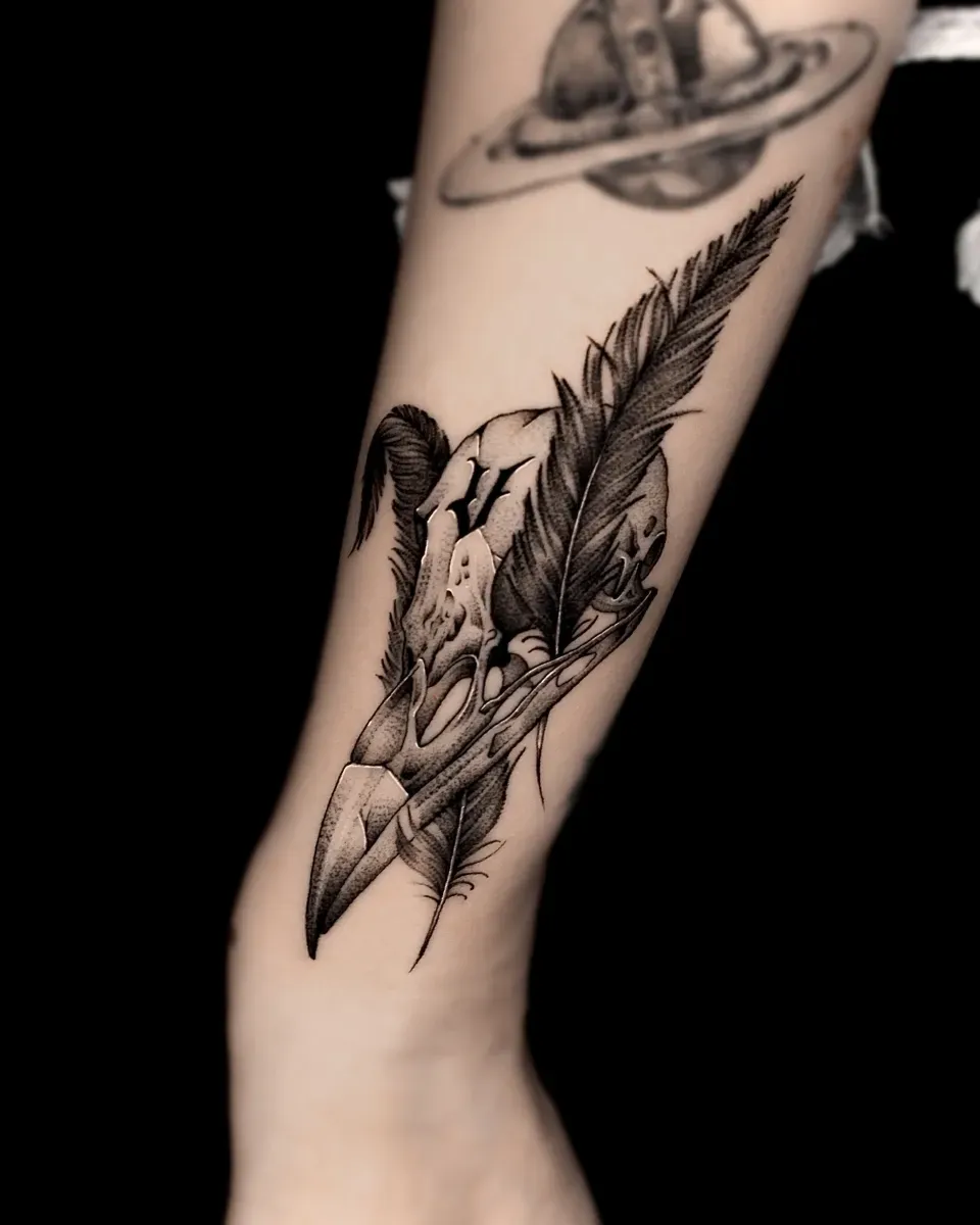 새 해골 깃털 손목 블랙워크 타투 - 1