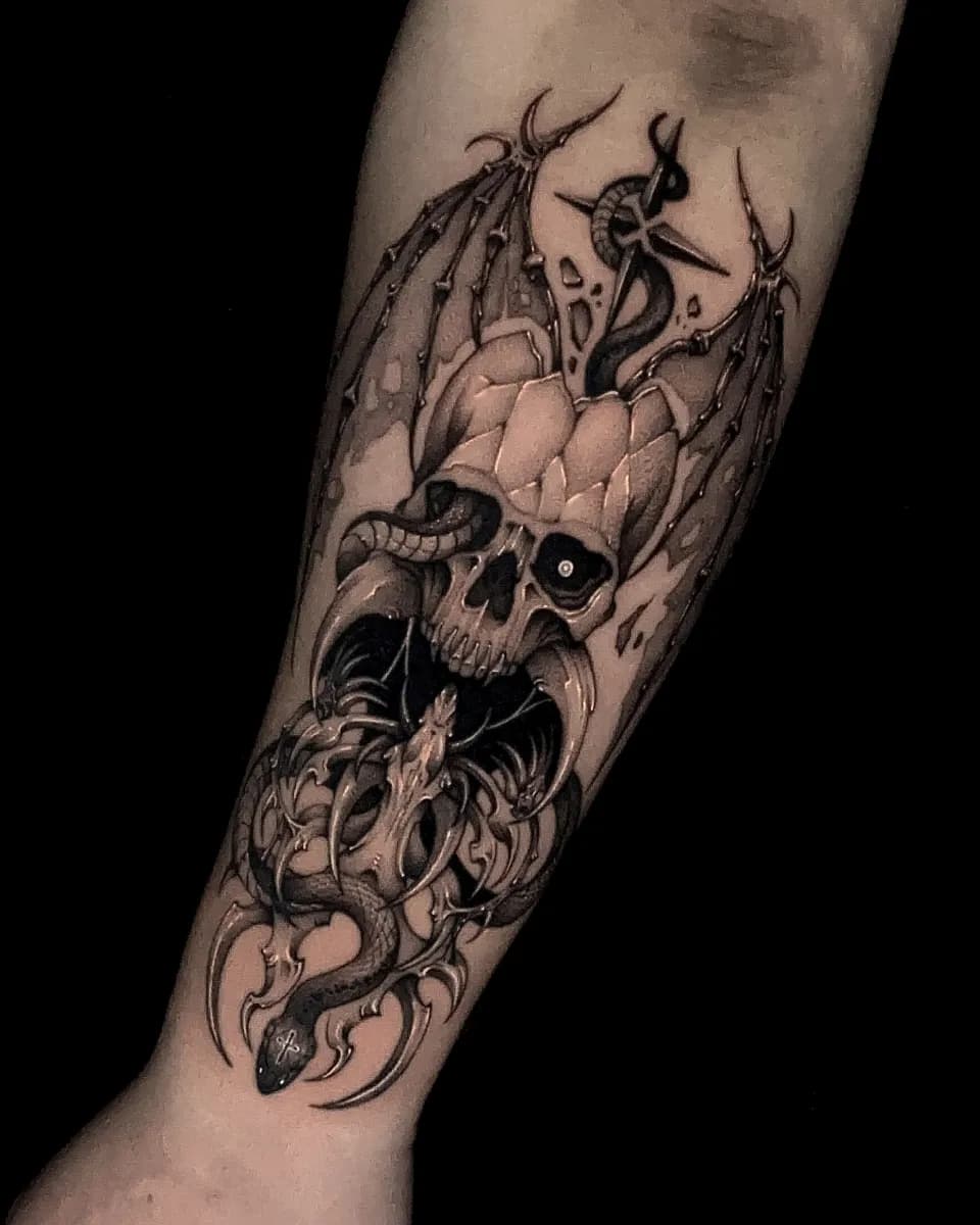 해골 뱀 악마 블랙워크 타투 - 1