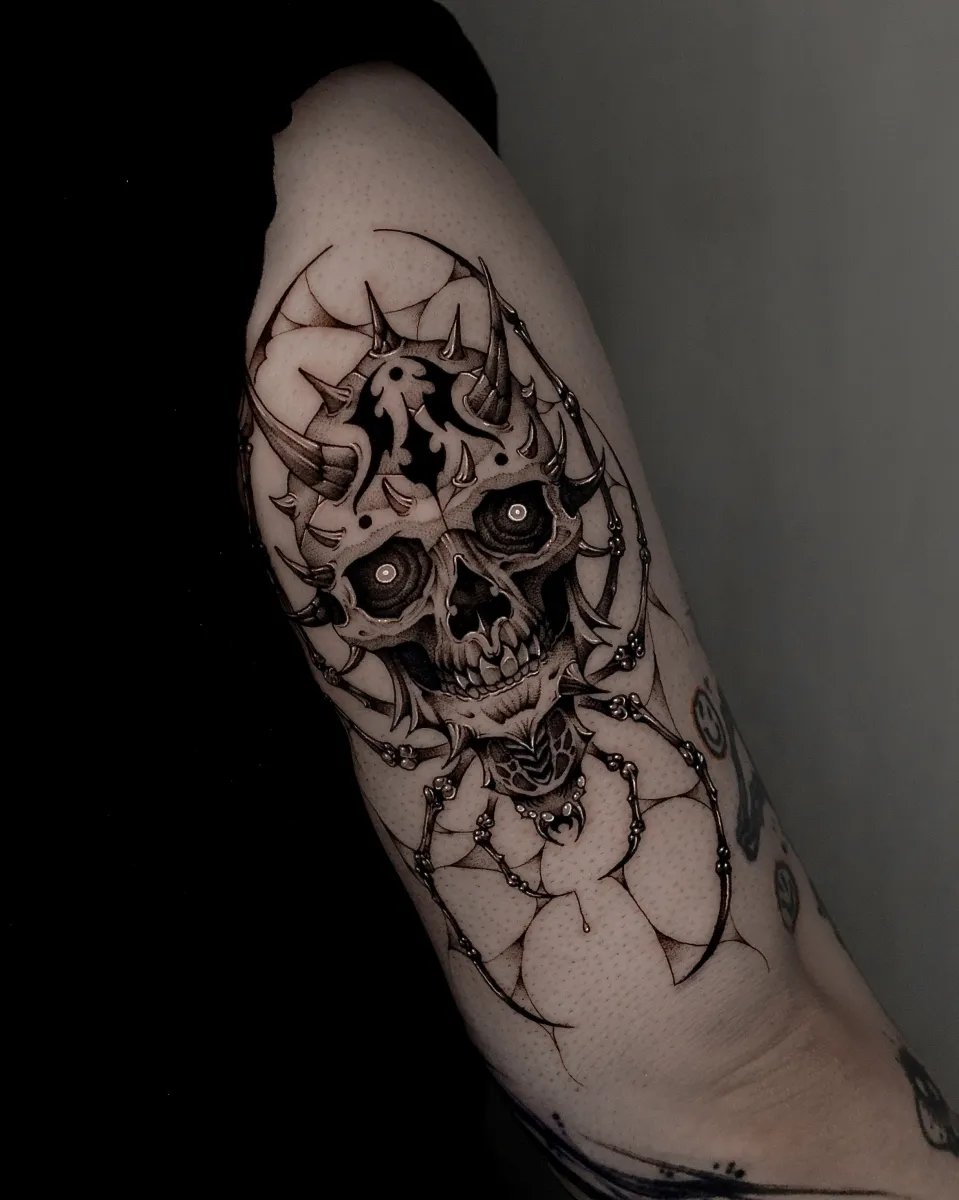 해골 거미 다크 블랙워크 타투 - 1