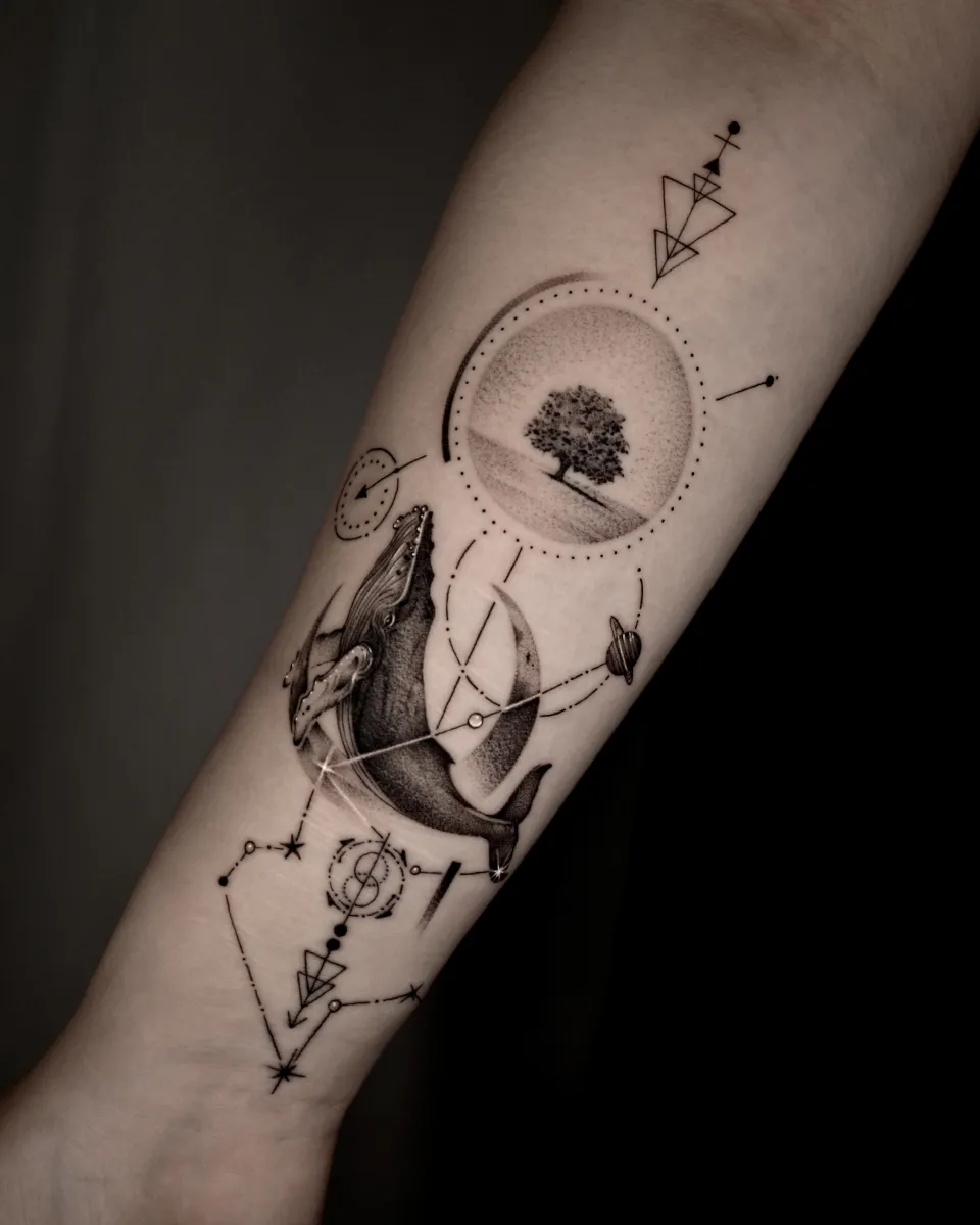 고래 기하학 풍경 블랙워크 라인타투 - 1