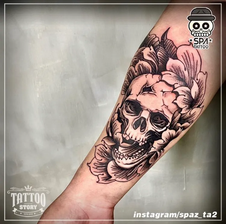 블랙워크 해골 꽃 타투 - 1