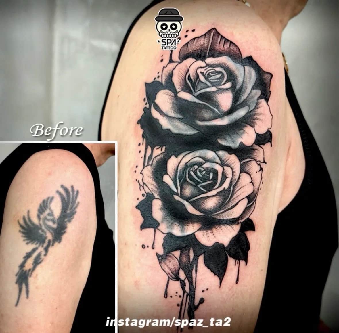 커버업 블랙워크 장미 타투