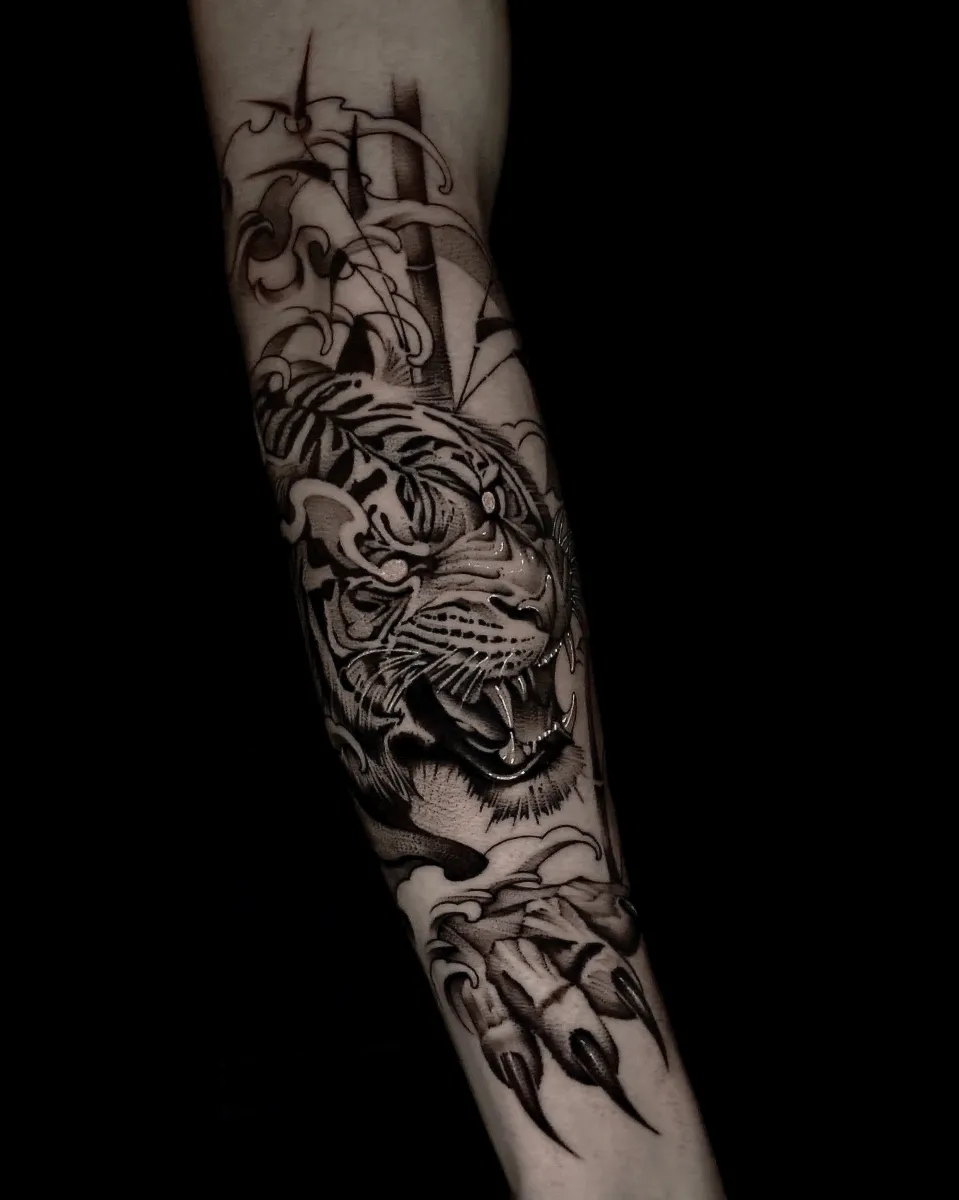 호랑이 대나무 팔 하박 블랙워크 타투 - 1