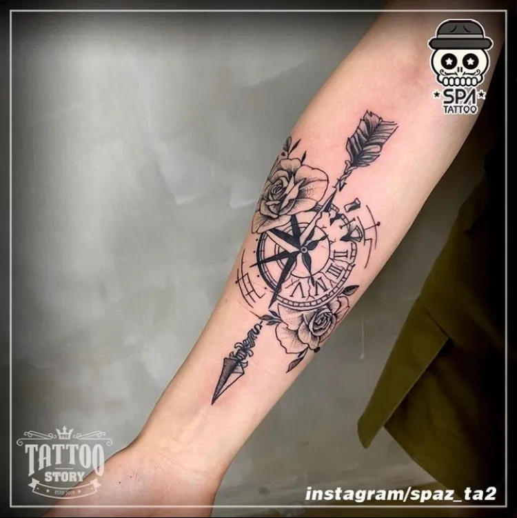 블랙워크 나침반 꽃 타투 - 1