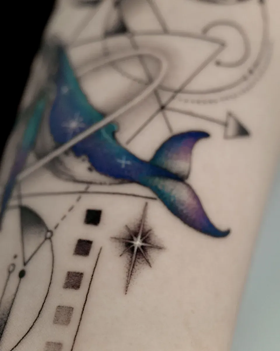 고래 우주 기하학 라인타투 블랙워크