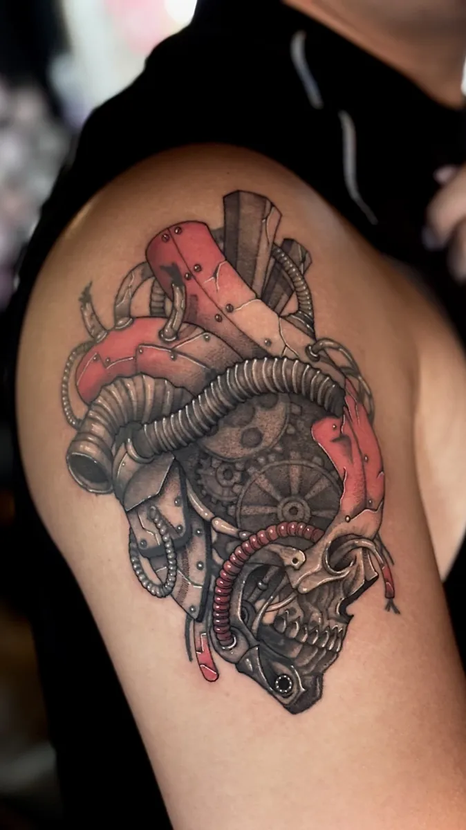 해골 심장 스팀펑크 블랙워크 뉴스쿨 타투 터치업 - 1