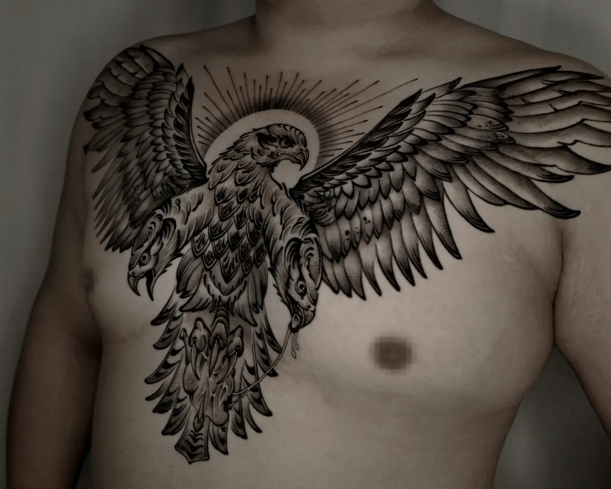 가슴앞판 매 삼두일족오 블랙워크 타투