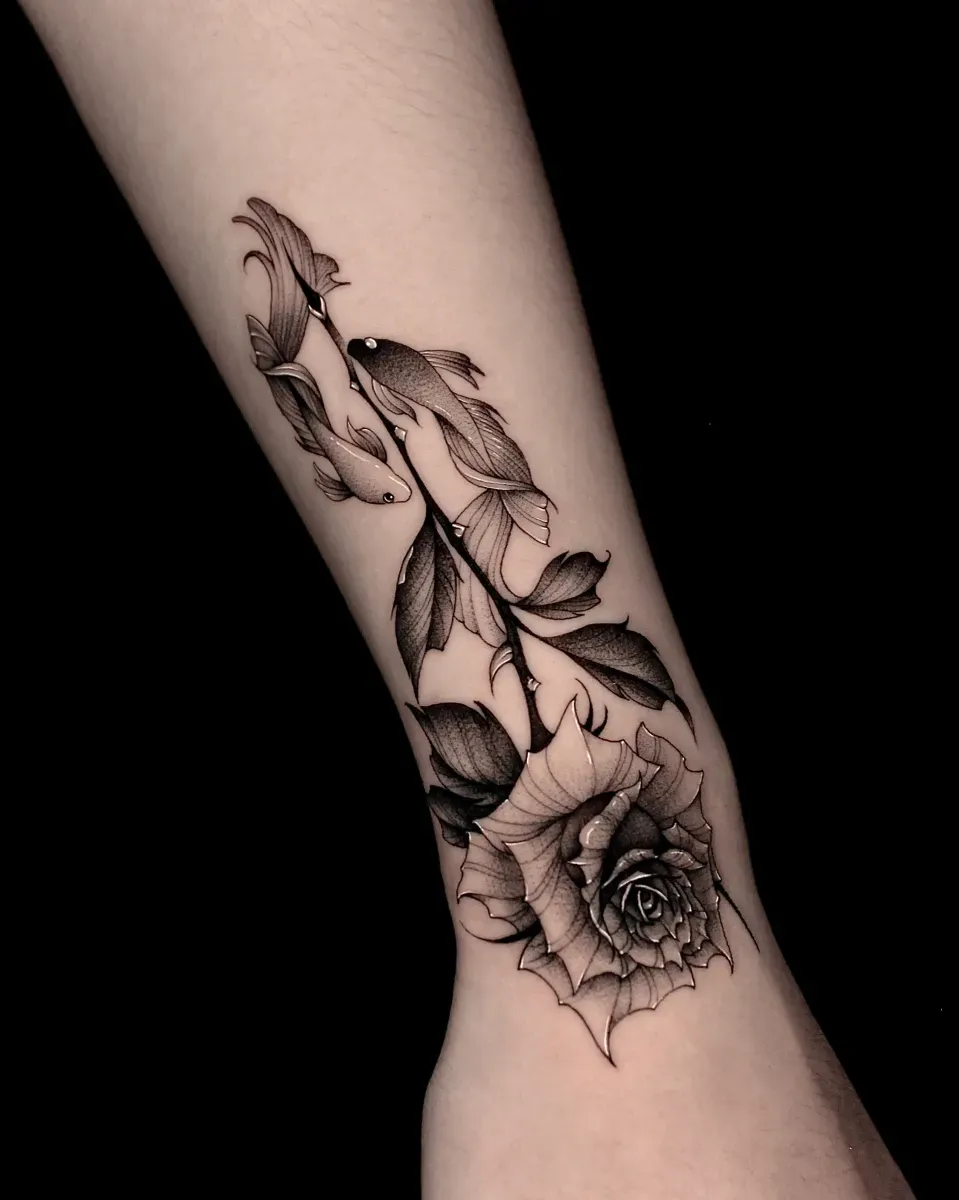 장미 물고기 블랙워크 타투 - 1