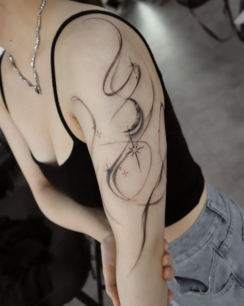 너무 예쁜 달 흐름 타투🖤✨ 나비, 꽃, 빛, 반짝이, 별, 우주, 감성, 라인 - 1
