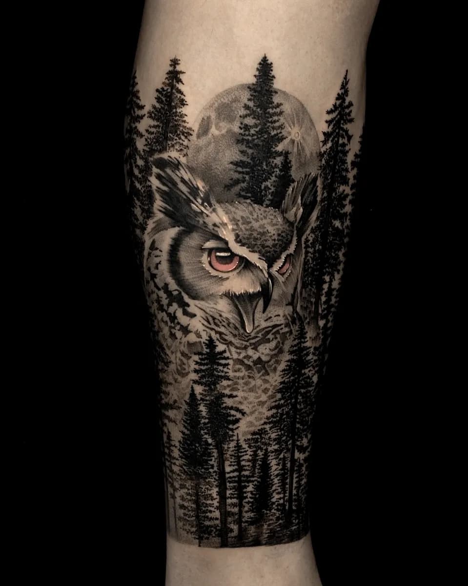 부엉이 숲 달 블랙워크 타투 - 1