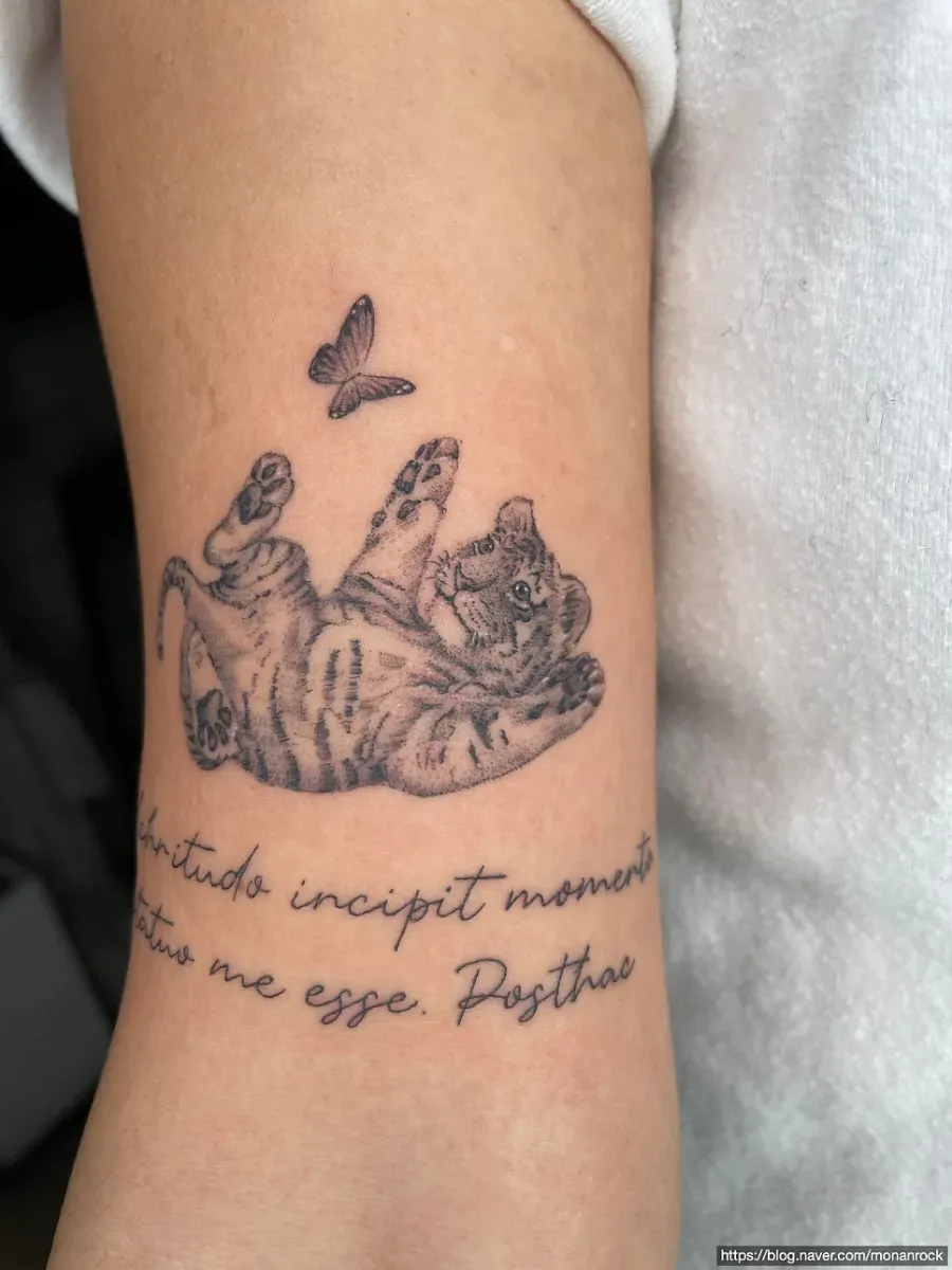 여자 팔 귀여운 새끼 호랑이 타투 레터링타투와 함께 아기 아기 귀엽고 예쁘게 잘 새긴 문신 소개합니다. (강북구타투 잘하는곳 비행디자인, 새끼호랑이꿈해몽) - 1