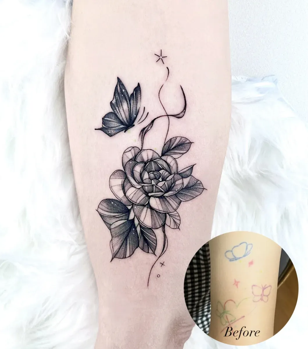 인천타투 주안타투 커버업타투 꽃타투 나비타투 - 1