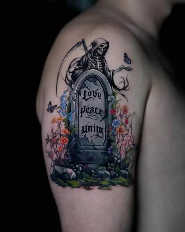 해골 무덤 꽃 컬러타투