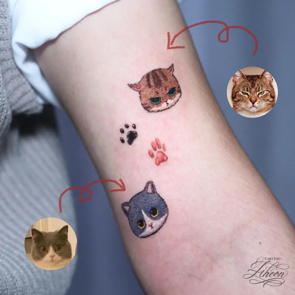 반려묘, 캐릭터, 크레용 질감 타투