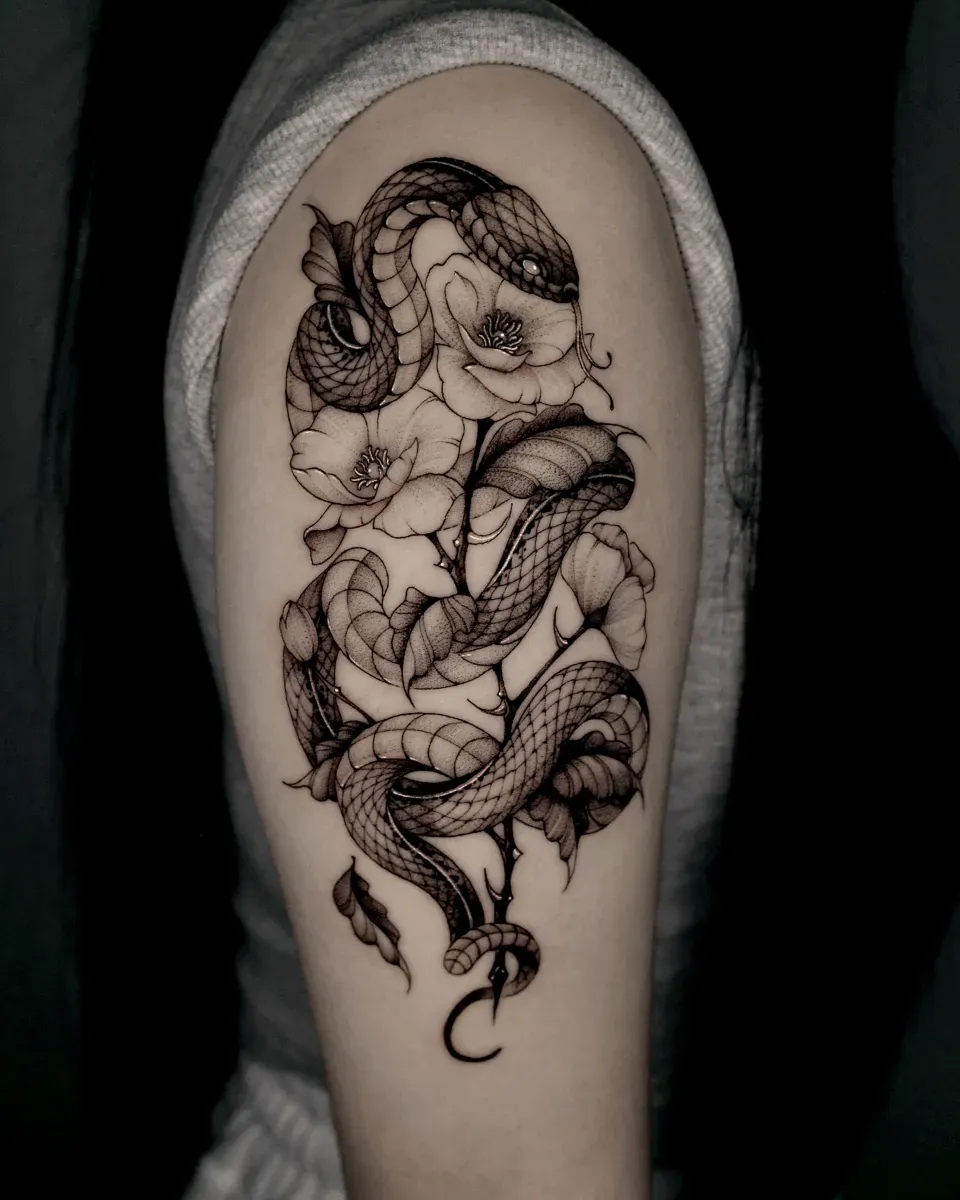 뱀 탄생화 블랙워크 타투 - 1