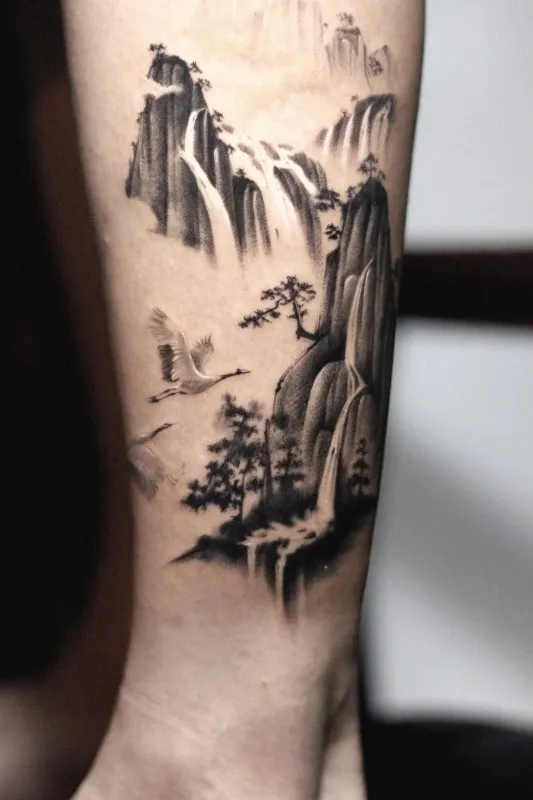 수묵화타투, 산수화타투, 풍경타투, 오리엔탈타투, 동양화타투, 풍경화타투 - 1