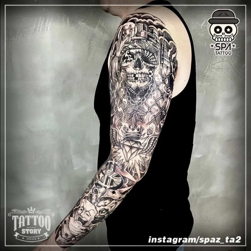 긴팔 치카노 스타일 타투 - 1